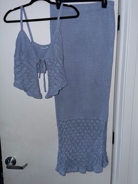 Knit Crochet Two-Piece Set in Dusty Blue